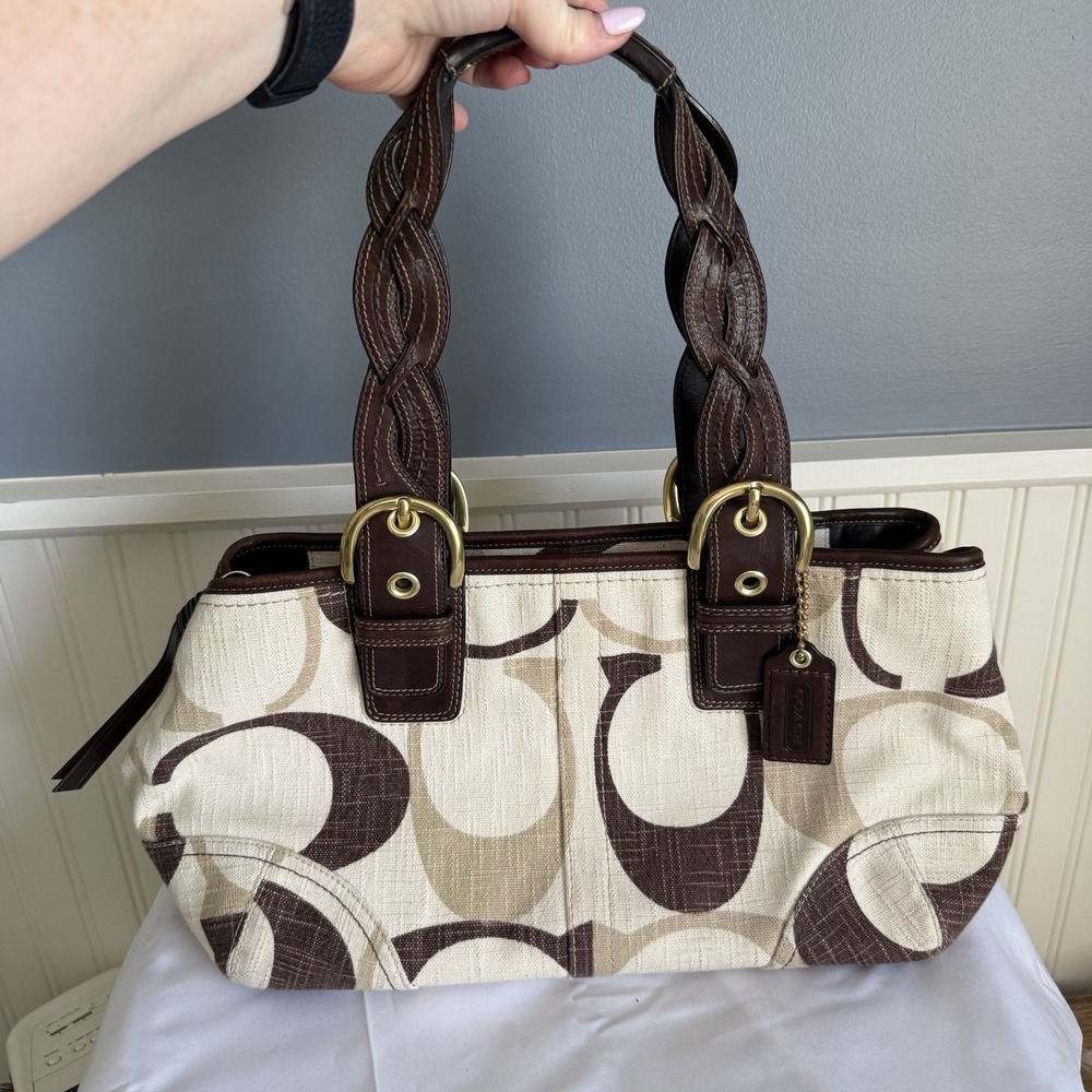 COACH 12195 Y2K Signature Tote Hand Shoulder Bag Purse Cream Brown Leather Braid